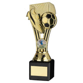 GOLD/BLACK PLASTIC 'WEMBLEY' FIGURE ON BLACK MARBLE TROPHY - (1in CEN) - 8in